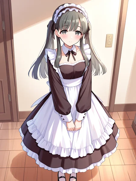 masterpiece,best quality,very aesthetic,absurdres,highres,newest,
1girl,solo,
kbykwse miyabinigohoushi,kobayakawa sae,black eyes,black hair,
dress,long hair,alternate costume,apron,black dress,black footwear,black ribbon,
blush,collarbone,detached collar,enmaided,frilled hairband,frills,hairband,
long sleeves,maid,neck ribbon,ribbon,sidelocks,twintails,white apron, long dress
<lora:idolmaster_kobayakawa_sae_ill_v1.0:1>,