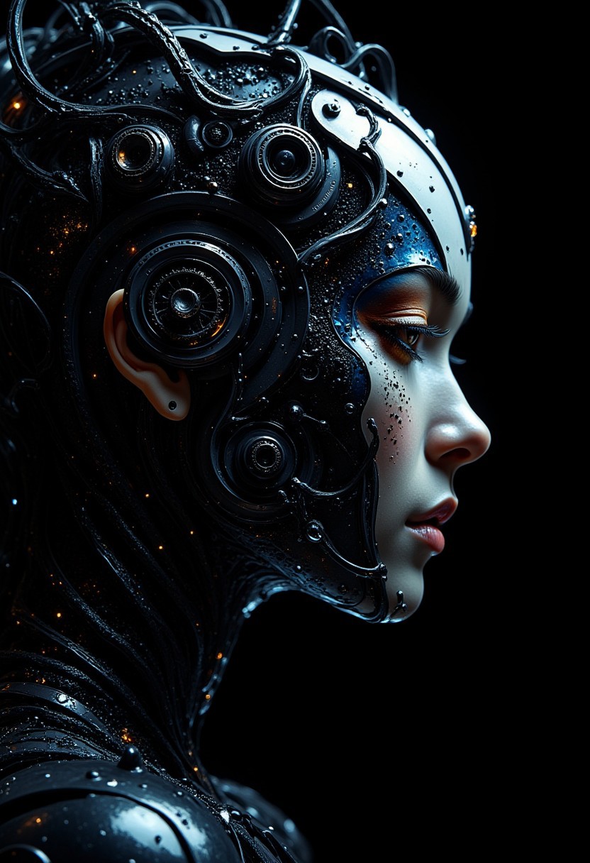 masterpiece, high detail, ArsMJStyle, dnddarkestfantasy, masterpiece, two images of stunning oriental robot woman, made of glpwng circuits, wires and cables, abstract, fractal art. highest definition, HD32K, wallpaper, hyperdetailed, concept art, extreme closeup, side profile image above poprtrait image, dark background, chiascuro, directional lighting hitting her face