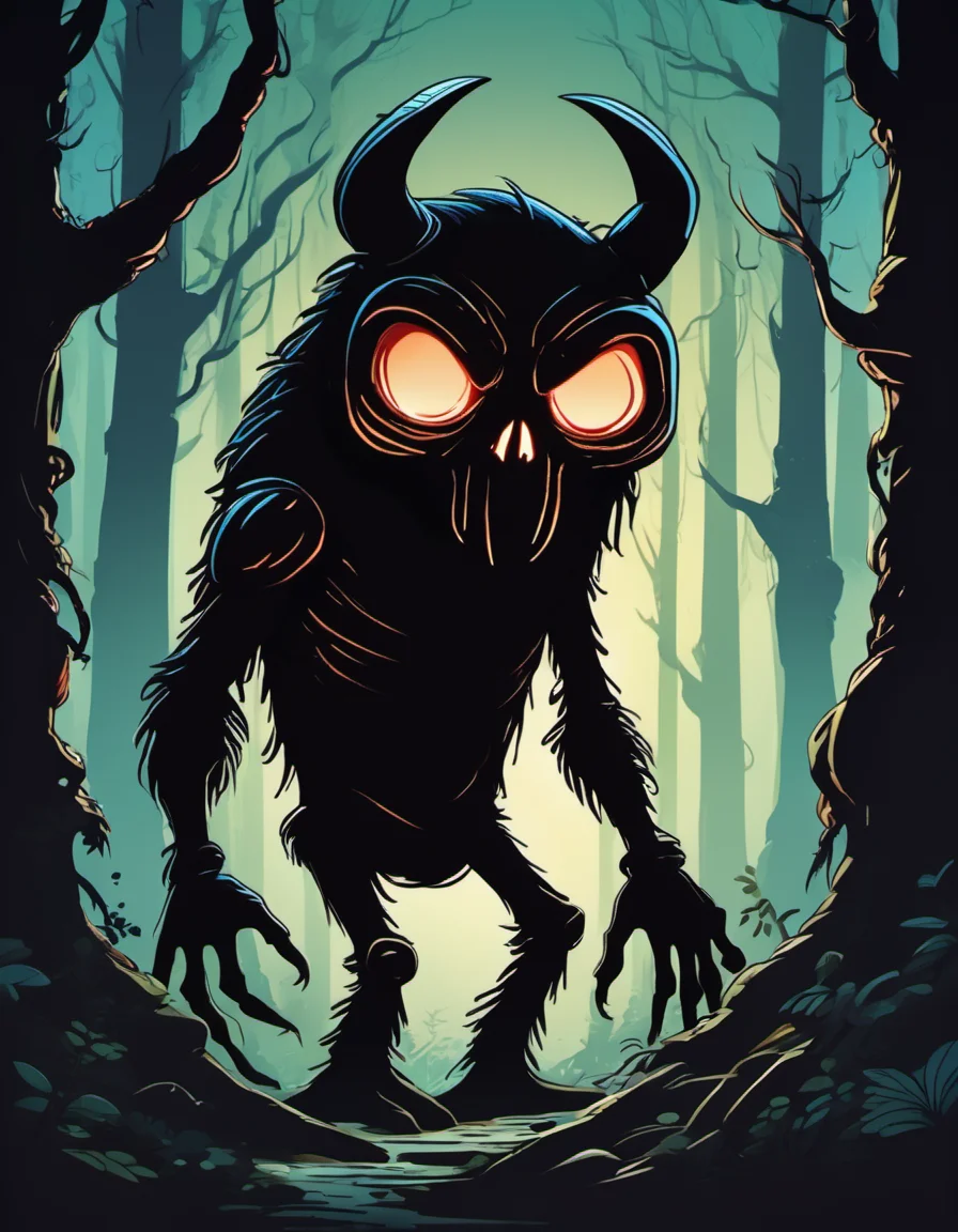 breathtaking vector cartoon illustration of mysterious gangly shadow creature lurking in a dark forest, glowing eyes and long fingers : no facial features holding a mask <lora:Vector cartoon illustration-000008:1>
