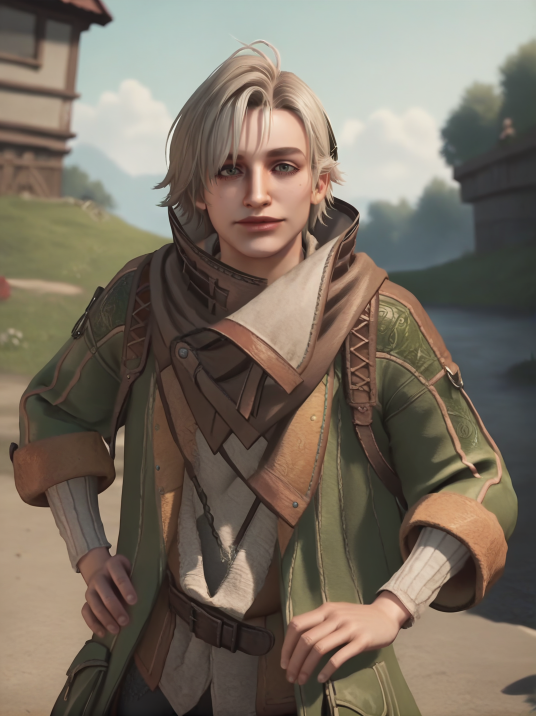score_9, score_8_up, score_7_up,
(ErikXL:1.1), short hair, lips, green coat, long sleeves, scarf, pants, ornaments, grey eyes, 
1boy, looking at viewer, dutch angle, dynamic pose, dynamic angle, one hand on hips, v, light smile, cowboy shot, dutch angle, outdoors, vegetation, from above, 
 <lora:AErikMH_character-10:1>, (screencap), (realistic:1),