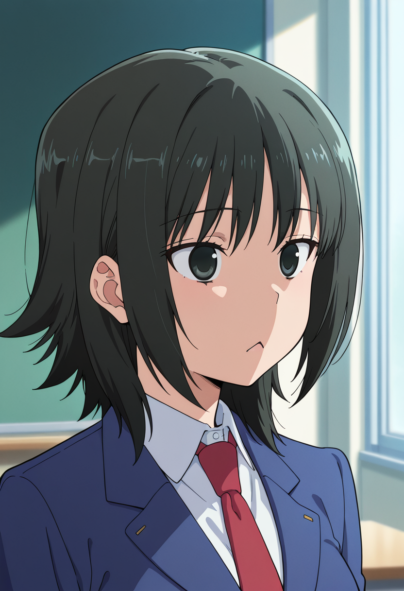 masterpiece, best quality, amazing quality, very aesthetic, absurdres, newest, illustration, perfect composition, intricate details, highres, anime coloring, general, 1girl, solo, portrait, atsukoww, black eyes, black hair, medium hair, medium breasts, blue blazer, school uniform, breasts, white collared shirt, red necktie, triangle mouth, closed mouth, shiny body, shiny skin, skindentation, clear skin, shiny hair, ultra detailed eyes, depth of field, sharp, intricate details, hyperdetailed, ultra-detailed, detailed clothing folds, high contrast, dynamic light, <lora:Atsuko_Minami-Ke_ill:1>