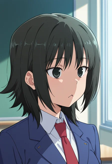 masterpiece, best quality, amazing quality, very aesthetic, absurdres, newest, illustration, perfect composition, intricate details, highres, anime coloring, general, 1girl, solo, portrait, atsukoww, black eyes, black hair, medium hair, medium breasts, blue blazer, school uniform, breasts, white collared shirt, red necktie, triangle mouth, closed mouth, shiny body, shiny skin, skindentation, clear skin, shiny hair, ultra detailed eyes, depth of field, sharp, intricate details, hyperdetailed, ultra-detailed, detailed clothing folds, high contrast, dynamic light, <lora:Atsuko_Minami-Ke_ill:1>