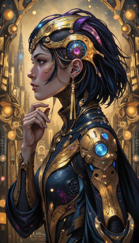 Bioluminescent, A stylized portrait of a woman in profile, her head turned to the right, gazing away from the viewer with a contemplative expression. Her short, blunt black hair is partially obscured by an intricate, metallic headpiece reminiscent of futuristic armor. The headpiece is highly detailed with gold, silver, and purple accents, reflecting light in a way that suggests a luminescent quality. The woman possesses a youthful, pale complexion with rosy cheeks and lips painted a delicate pink. A single piercing adorns her upper ear, from which hangs a long, thin, golden earring with elaborate tassels. She wears a high-collared, black garment with voluminous sleeves and golden embellishments. Her right hand gently touches her chin, while her left hand rests near her waist. The background is a complex, abstract composition of geometric shapes, reminiscent of a bustling, futuristic cityscape rendered in a warm palette of golds, blues, and oranges. The overall composition utilizes a shallow depth of field, drawing focus to the subject's face and the iridescent sheen of her attire. Light sources appear diffused, casting soft shadows that accentuate the subject's features and the textures of her clothing. The scene evokes a sense of quiet contemplation amidst the vibrant chaos of a technologically advanced world, inviting the viewer to ponder the woman's story and the society in which she exists.