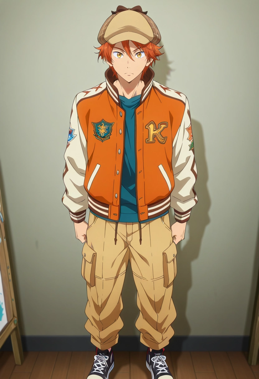 masterpiece, best quality, intricate details, anime screencap, anime coloring, official style, looking at viewer, 1boy, solo, male focus, <lora:momotarou_mikoshiba_ilxl:1>, momotarou_mikoshiba, orange hair, yellow eyes, , Cargo pants, Varsity jacket, Canvas sneakers, Deerstalker hat,