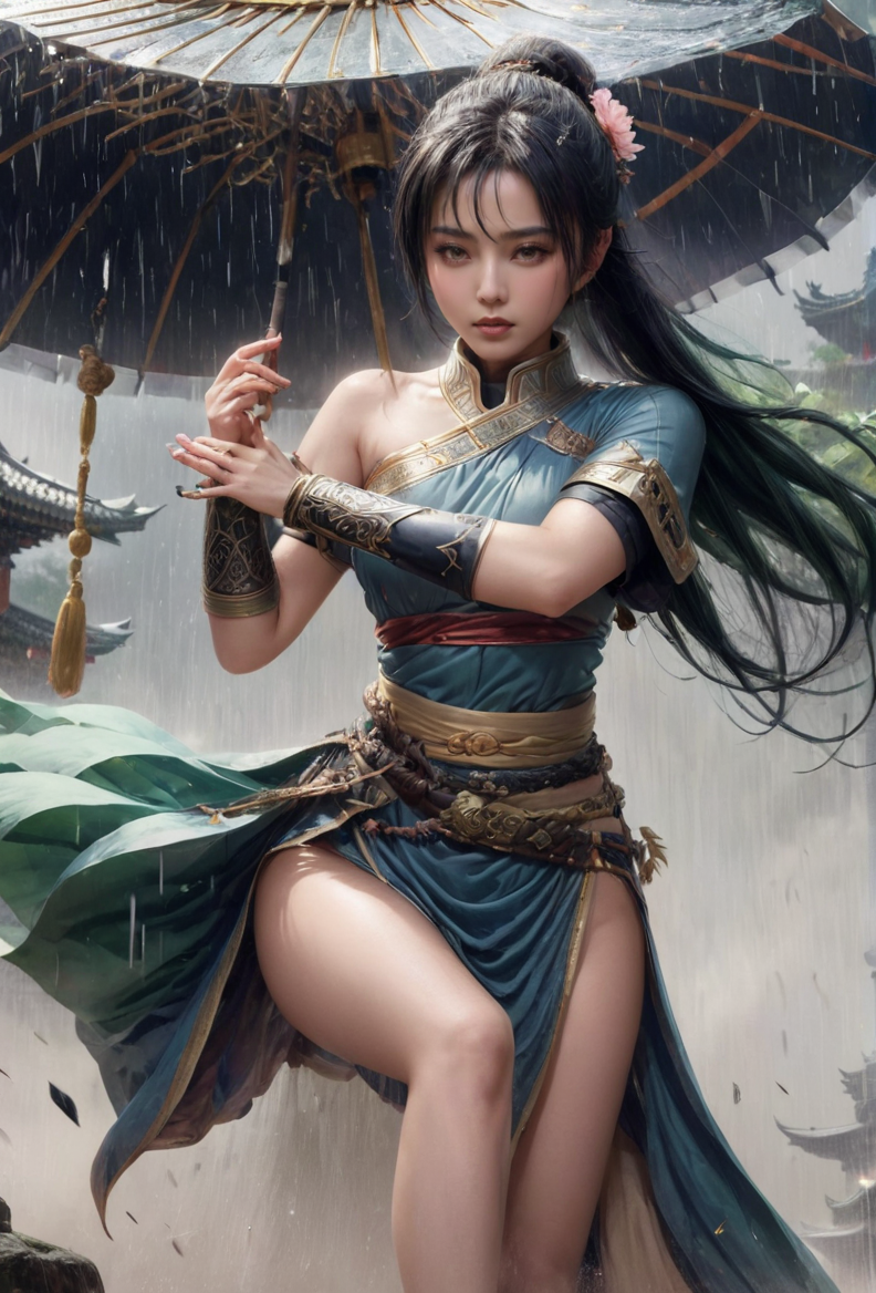 ethereal fantasy concept art of  <lora:fightdress_SDXL_reg_:1>,1girl,25yo,fighting,injured in battle,the background is a huge buddha statue and pagoda,in the heavy rain,cannot fail,black hair,double bun,<lora:fbb_XL_2_:1>,blush,sweat,Tsundere, . magnificent, celestial, ethereal, painterly, epic, majestic, magical, fantasy art, cover art, dreamy