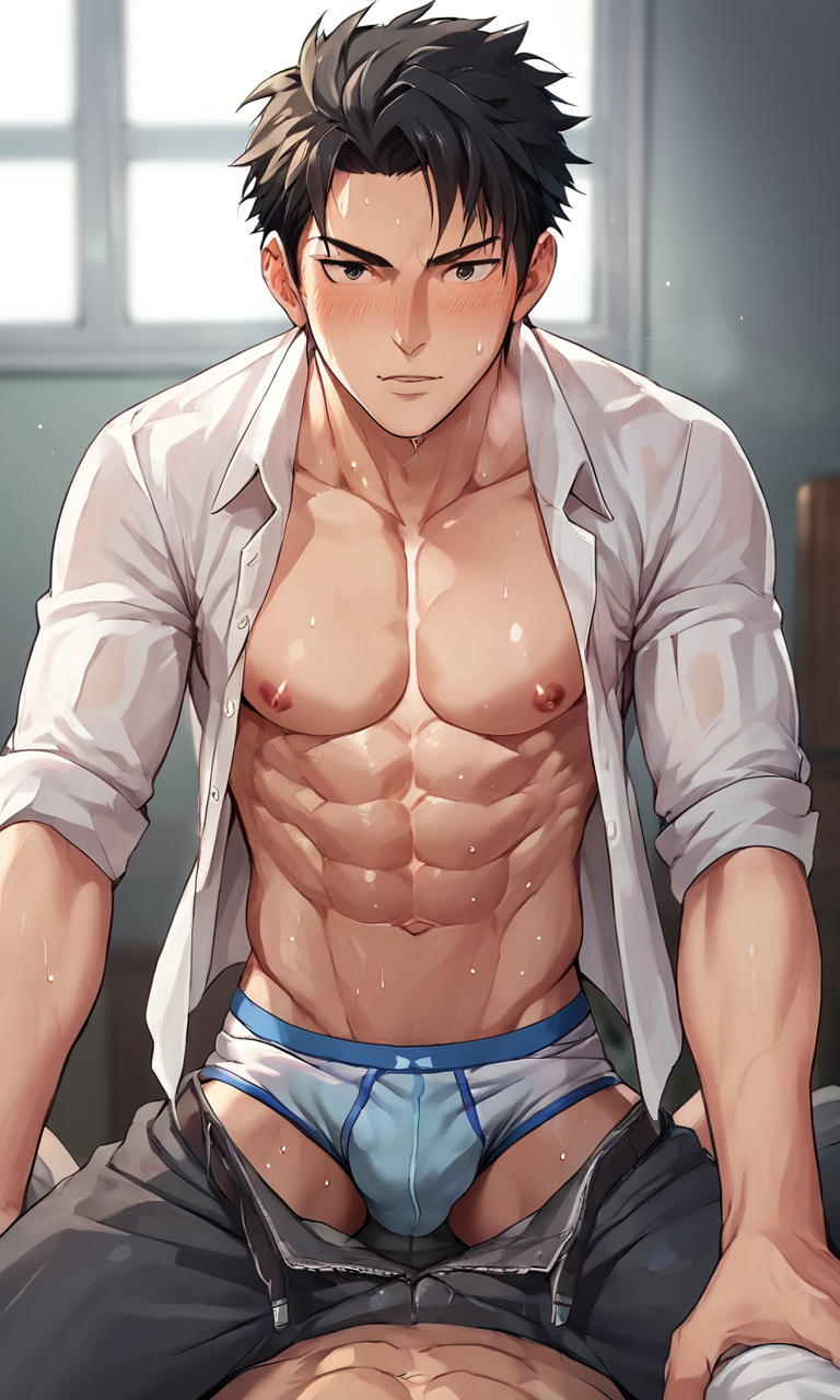score_9, score_8_up, score_7_up, score_6_up, score_5_up, score_4_up, takerpov, taker pov, male focus, male underwear, underwear, blush, 1boy, pants, open clothes, pov, shirt, looking at viewer, black hair, erection, nipples, pectorals, abs, sweat, solo focus, yaoi, muscular