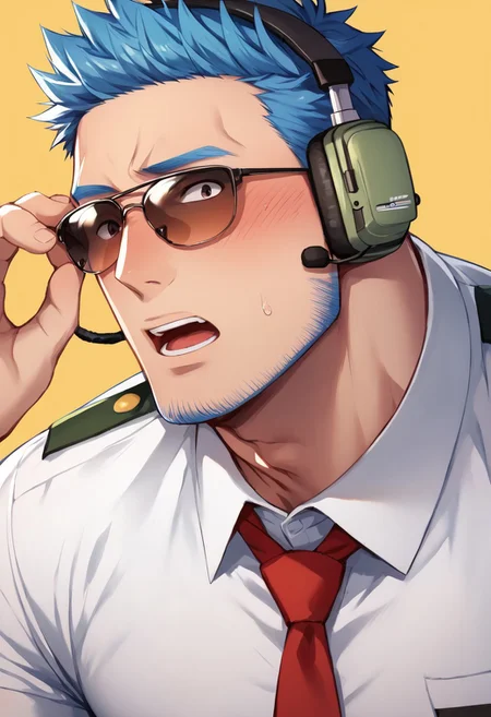 score_9, score_8_up, score_7_up, score_6_up, perfect anatomy, perfect proportions, best quality, masterpiece, high_resolution, high quality, solo male, Wilbur, blue hair, short hair, black eyes, blue facial hair, jawline stubble, aviation pilot shirt, white collared shirt, red necktie, aviator sunglasses, aviator headset, adult, mature, masculine, manly, handsome, charming, alluring, full face blush, surprised, wide-eyed, sanpaku, constricted pupils, open mouth, portrait, headshot, look at viewer