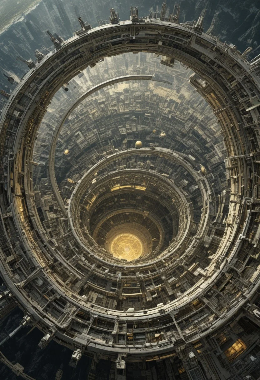 "in the year 2487, possibly the most impressive technological, political, and social experiment ever conducted. All in all, ten thousand different space habitats of varying size and complexity, (((connected in single-file to form of an artificial orbital ring that completely encircles [a pale yellow] planet))), itself located in the epsilon eridani system. In total, the various habitats of the orbital ring were home to over one hundred million human souls, their society kept together by demarchist principles, through a system of governance determined by subconscious polling conducted via neural implants. Their technology so advanced, that it would almost seem like magic to us." ((cinematic scifi concept-art)), interesting view angle, high definition, detailxl,