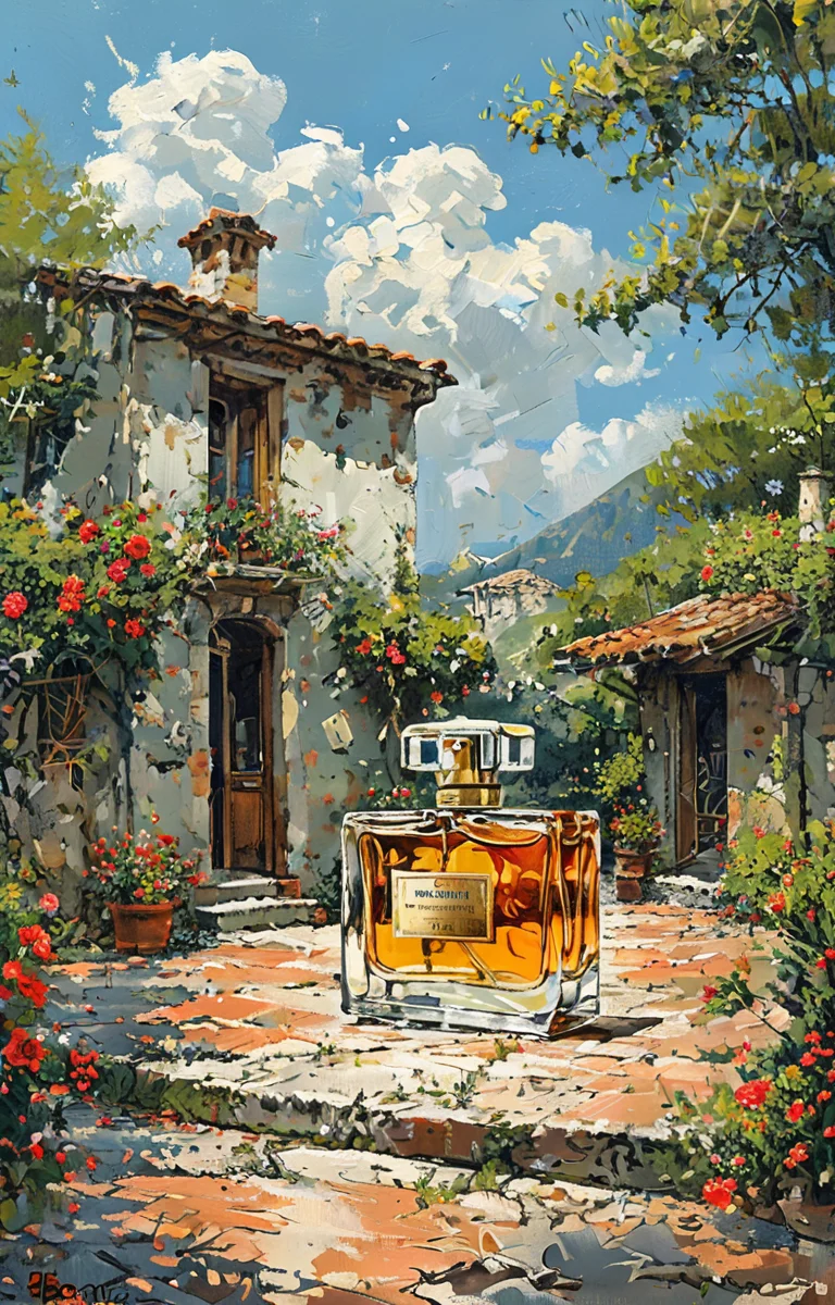 masterpiece,best quality,<lora:tbh5-sdxl:0.9>,illustration, A bottle of perfume in garden