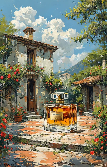 masterpiece,best quality,<lora:tbh5-sdxl:0.9>,illustration, A bottle of perfume in garden