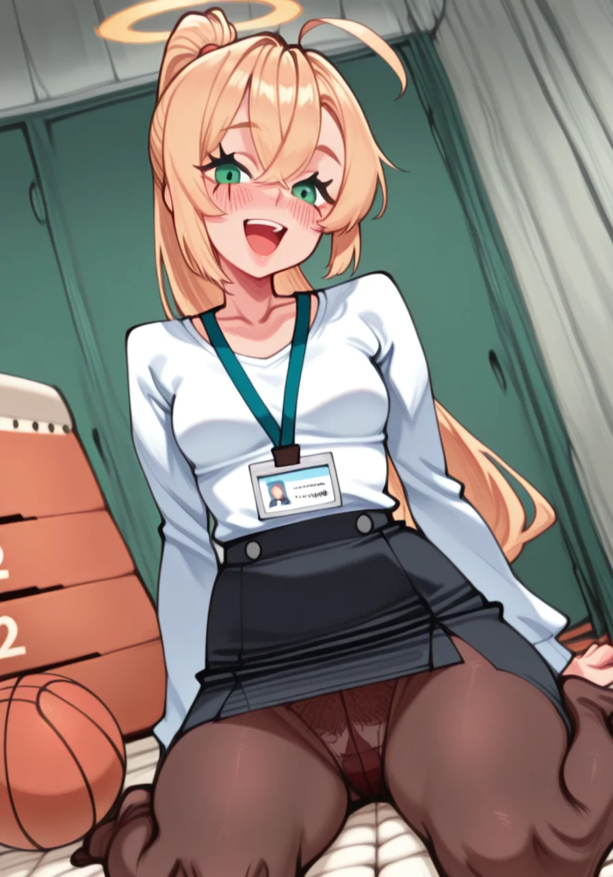 1girl, ball, basketball (object), black pantyhose, black skirt, blonde hair, blush, breasts, brown pantyhose, collarbone, crossed bangs, fluffy hair, green eyes, gym storeroom, hair between eyes, halo, id card, indoors, lanyard, long hair, long sleeves, looking at viewer, office lady, open mouth, panties, panties under pantyhose, pantyhose, pencil skirt, ponytail, shirt, side ahoge, sitting, skirt, small breasts, smile, solo, teacher, teeth, underwear, upper teeth only, vaulting horse, very long hair, wariza, white shirt, yellow halo, BREAK character_concept, cowboy_shot, (dutch_angle:1.25), masterpiece, best quality, amazing quality, very aesthetic, absurdres, modern, recent, newest, <lora:Sketchylla_IL_Style_epoch_4:1.6> 5k3tchy114, sketch