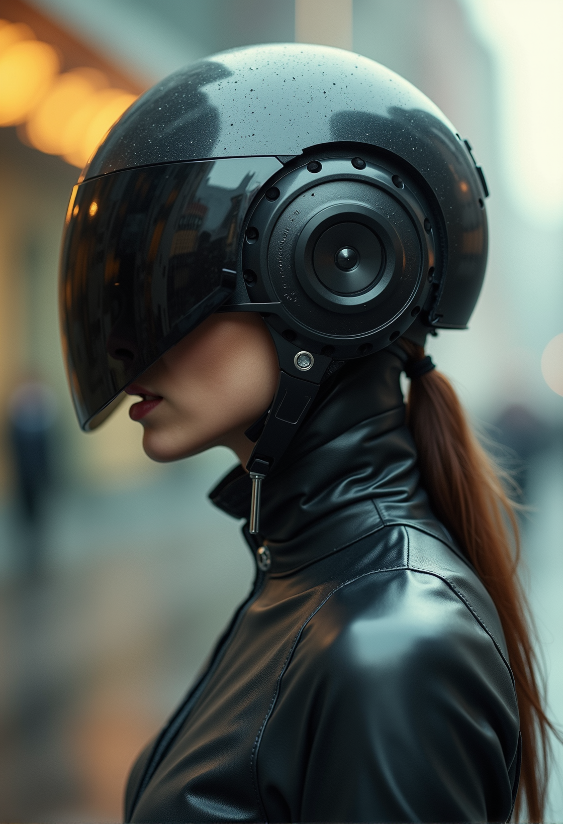 a woman (cyborg:1.3)  with a helmet on his head style by  Jarek Puczel, photo by Arne Svenson, Motion blur, action,