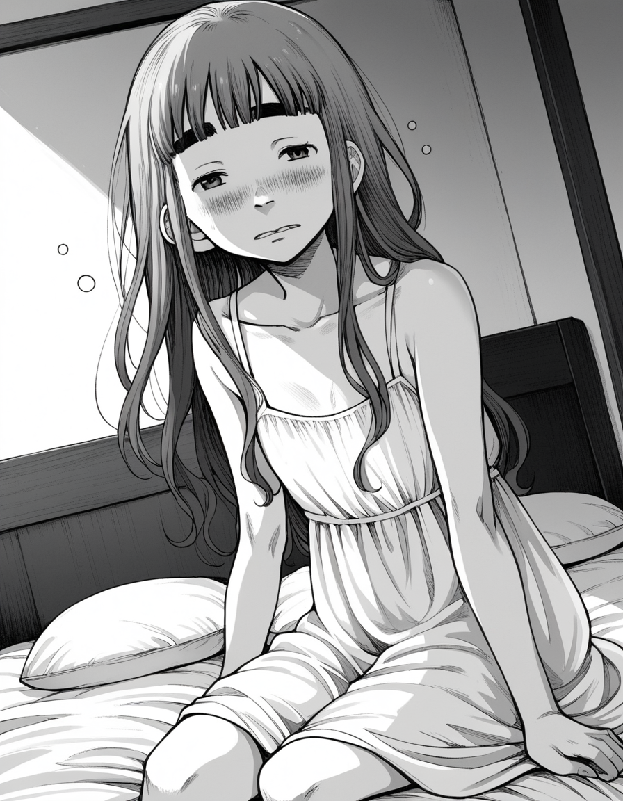 score_9, score_8_up, score_7_up, source_anime,
aikotanaka, <lora:aiko-tanaka-manga-ponyxl-lora-nochekaiser:1>,
aiko tanaka, long hair, bangs, thick eyebrows, blush, greyscale, monochrome,
dress, white dress, collarbone, bare shoulders, sundress,
indoors, bed, bed room, on side, blush, drunk,
looking at viewer, cowboy shot, solo, dutch angle,