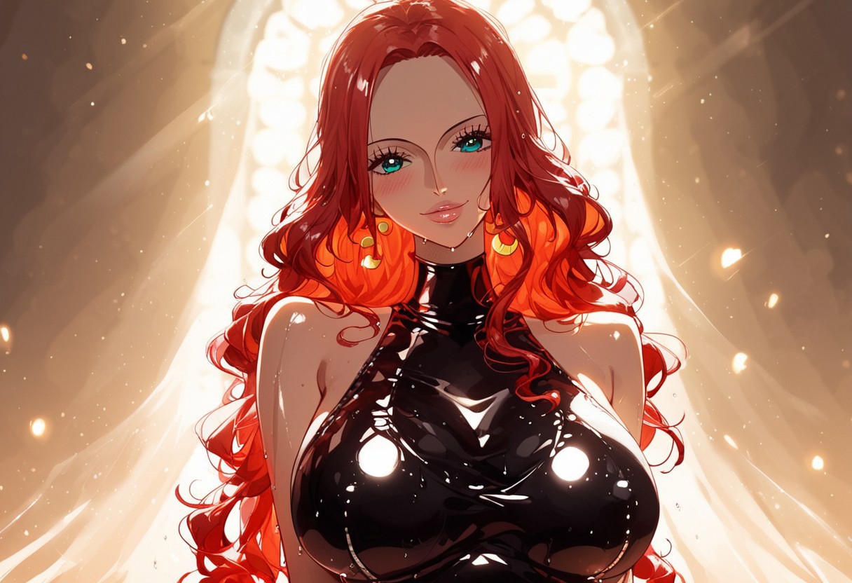 Latex Skirt, Sexy latex dress, black latex dress, Blush, naughty smile, very shiny skin, sexy glossy lips, Very erotic pose, baccarat (one piece), huge sexy breasts ,score_9, score_8_up, score_7_up, 1girl, source_anime, shiny skin, wet, cery detailled, erotic background, erotic clothes, erotic face, source_anime, beautiful face, perfect face, sexy pink lips, cute face, Expressiveh, perfect sexy face, perfect milf face, Blue and green toned shadows, Sunlight, golden hour, hughly contrasted midtone, high contrast, heavy colors contrast, lot of highlights on skin, face and breast as focal point, shiny forehead, strong and soft shadows, blue and green shadows, red and orange lights, cold shadows, hot lights, redish spotlights, heavy occlusion shadows, warm highlights, darker shadows,, blue green environnement, golden hour sunlight, blue highlight in shadows, red highlights on skin, sexy eyes, eye highlight, majestic long hair, blue hue, red hue, fullbody shot, sexy hips, wide hips, chubby tights, big hard nipples, Opbaccarat, Red hair