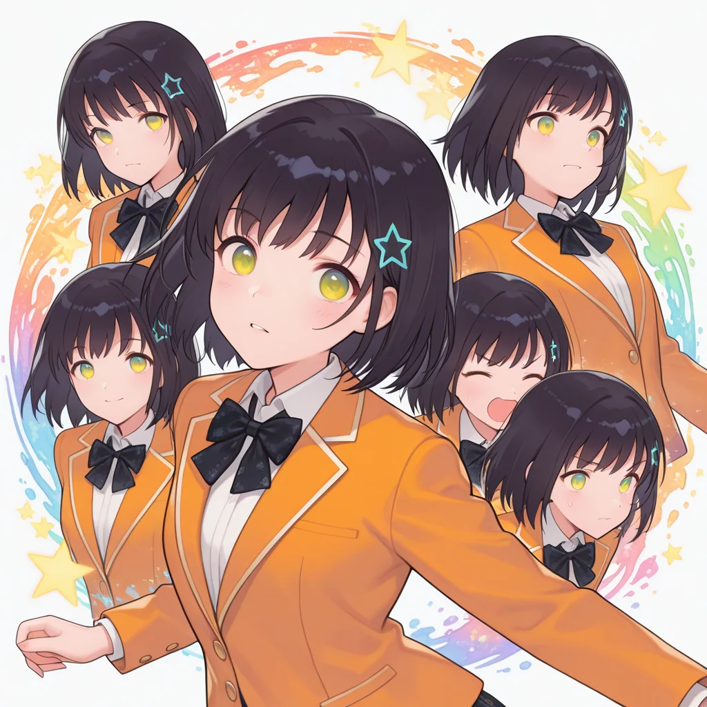 masterpiece, best quality, amazing quality, colorful, vibrant, very aesthetic, detailed background, <lora:lah-hitomi-v1-09:1> lah-hitomi, 1girl, solo, school_uniform, white shirt, single_blue_star hairclip, black bowtie, light-orange blazer, upper body, dynamic_pose, dynamic_angle, dynamic_expressions, black hair,