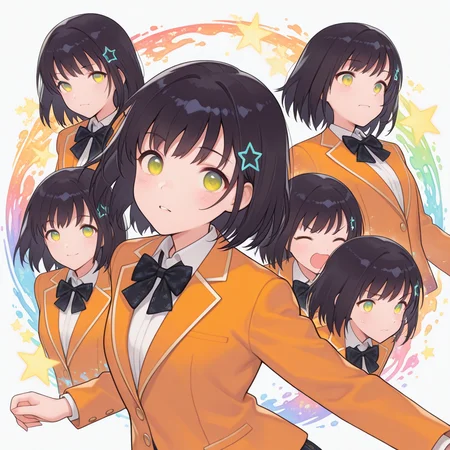 masterpiece, best quality, amazing quality, colorful, vibrant, very aesthetic, detailed background, <lora:lah-hitomi-v1-09:1> lah-hitomi, 1girl, solo, school_uniform, white shirt, single_blue_star hairclip, black bowtie, light-orange blazer, upper body, dynamic_pose, dynamic_angle, dynamic_expressions, black hair,