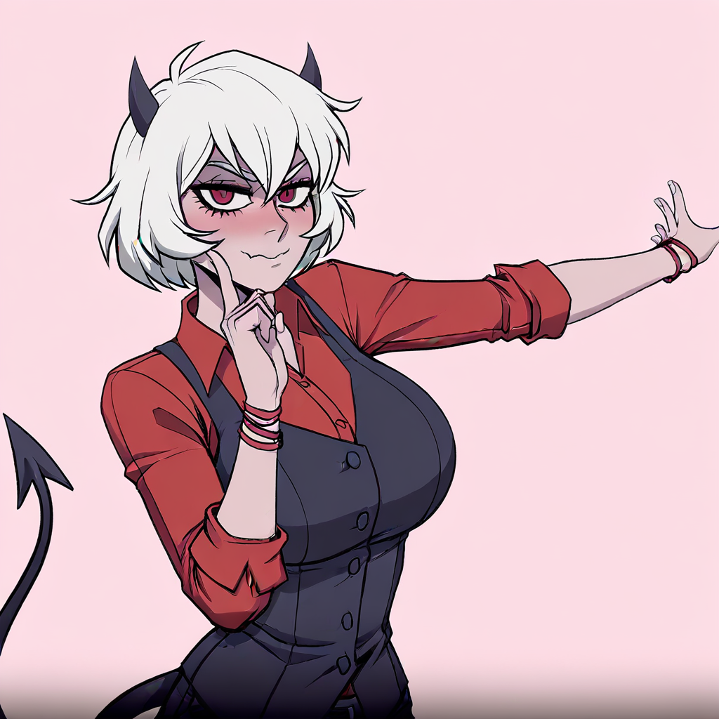 masterpiece, best quality, newest, absurdres, highres, cherry-gig, 1girl, malina (helltaker), demon girl, short hair, white hair, horns, demon tail, ONKDDV1.0, dance, finger to cheek, hoshino ruby dance, outstreched arm, pointing at self,