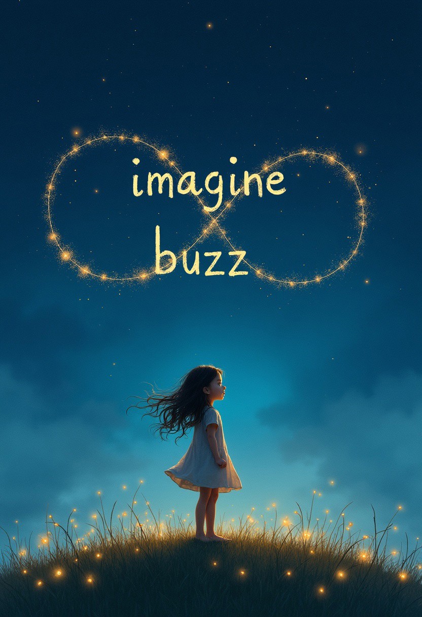 An orphaned girl stands barefoot on a grassy hilltop under a vast starry sky. Her gaze is filled with wonder and hope as she looks up at the twinkling stars. The night sky is a deep, velvety blue, with star constellations subtly forming the words "imagine" and "buZz" in faint, almost hidden handwritten lettering. An infinity sign is dividing the two words. The girl’s dress flutters gently in the breeze, and her hair cascades down her back. Fireflies dot the scene, adding a magical glow around her, blending into the serene night