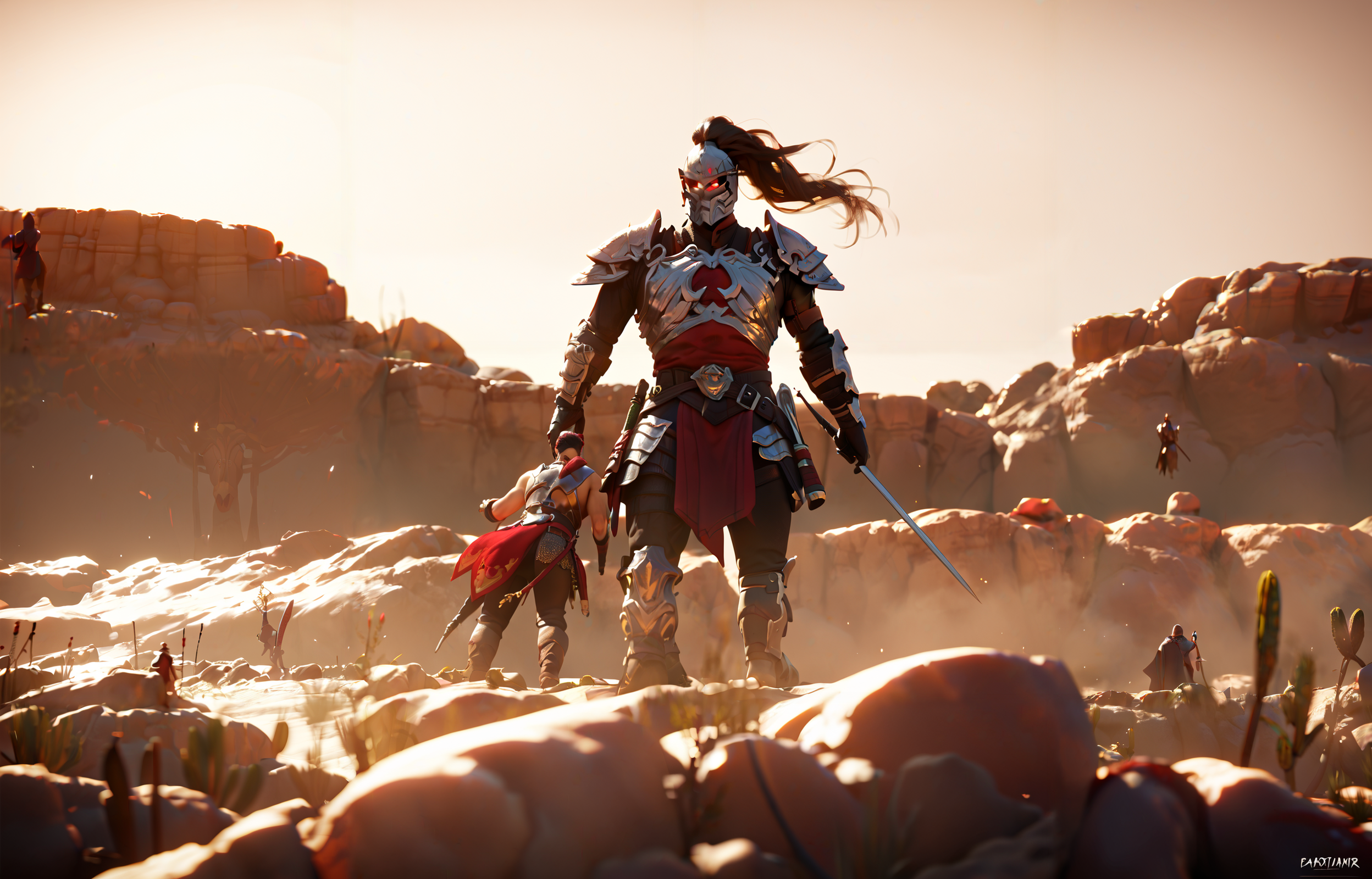 score_9, score_8_up, score_7_up, score_6_up, 8k, best quality, masterpiece, (ultra-detailed:1.1), good background, 
[<lora:TheUltimateShowdown-pony-Tanger-000005:0.75>::0.75], 
The ultimate showdown, player faces the boss, cg, multiple boys, outdoors, weapon, armor, standing, brown hair, a couple of people standing in a desert area, a scene of two people riding horses in the desert,