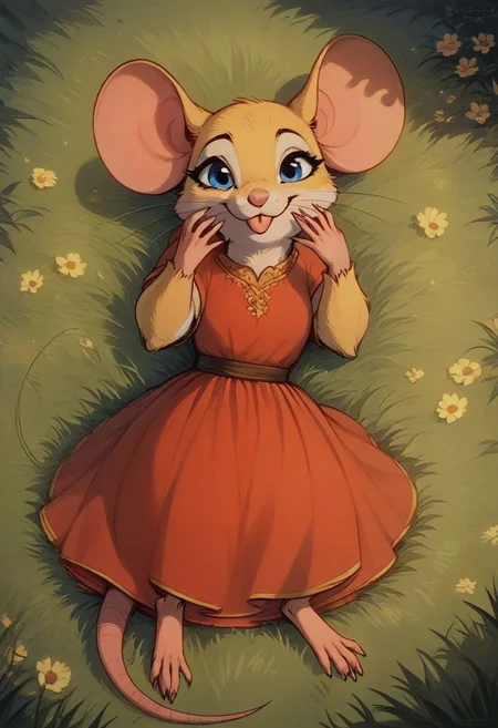 score_9, score_8_up, score_8, solo, (fluffy:0.8), (feral), outdoors, toes, furry, (((mouse))), female, blue eyes, yellow fur, yellow ears, claws, (fluffy cheeks:0.4), (red dress), in the style of beatrix potter, fca style, cel-shading, grass, lying, (tongue out), high angle view, smiling at viewer