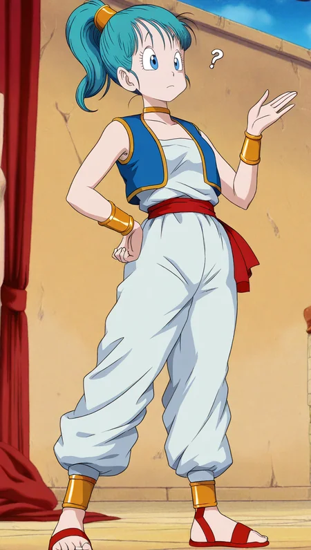source_anime, masterpiece, best quality, amazing quality, anime screencap, high quality, 8k, absurdres, official style, 1girl, solo, looking around, standing, hand on hip, confused, <lora:Bulma_OG_iL:1>, 8u1m4 og, blue eyes, blue hair, desert outfit, alternate ponytail, white shirt, white pants, sash, vest, blue vest, sandals, waistcoat, arabian clothes, choker, bracelet,