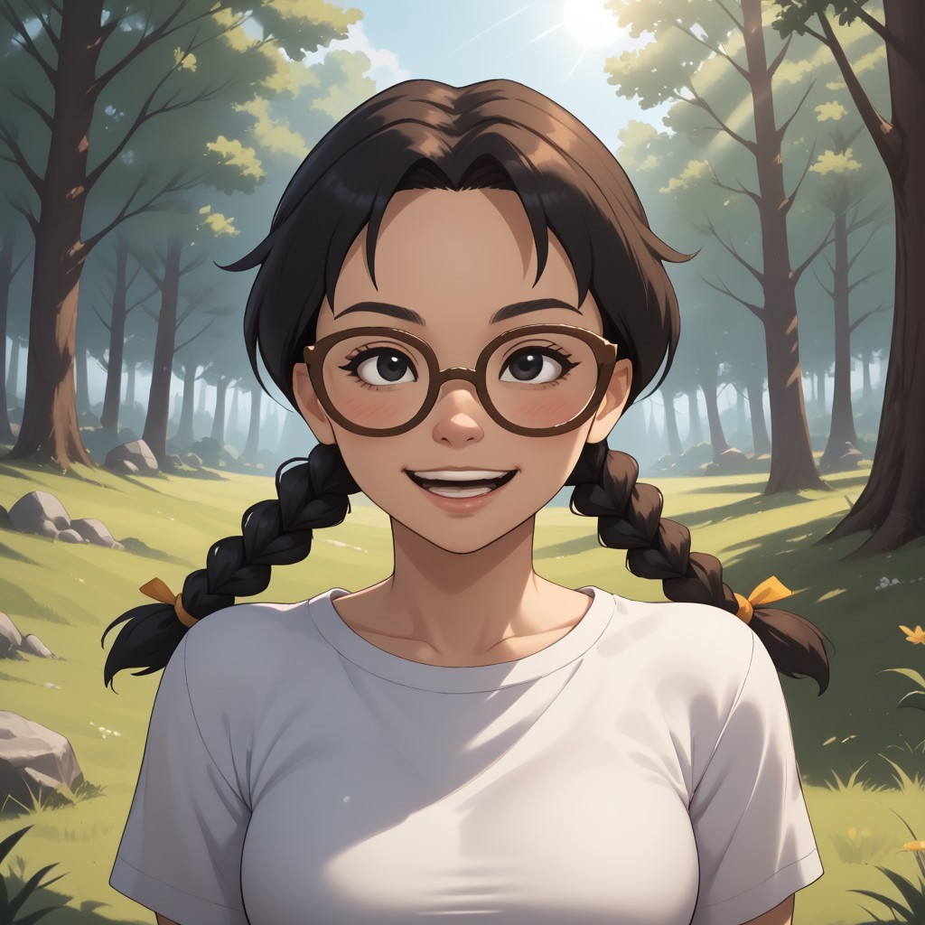 score_9, score_8, BREAK, solo, mii, wii, black eyes, brown glasses, small nose, half circle nose, big mouth, open mouth, teeth, mole under mouth, black hair, low braids, white clothing, black pants, shoes, blush, 1girl, female mii, cute, medium breasts, keiko_(\Wii_Sports\), wii Sports, Nintendo Mii, modern_mii, classic_mii, sexy pose, self portrait, smile, outdoors, sunlight, shadows, evening lighting, natural lighting, forest, trees, grass, orange sky, sunset