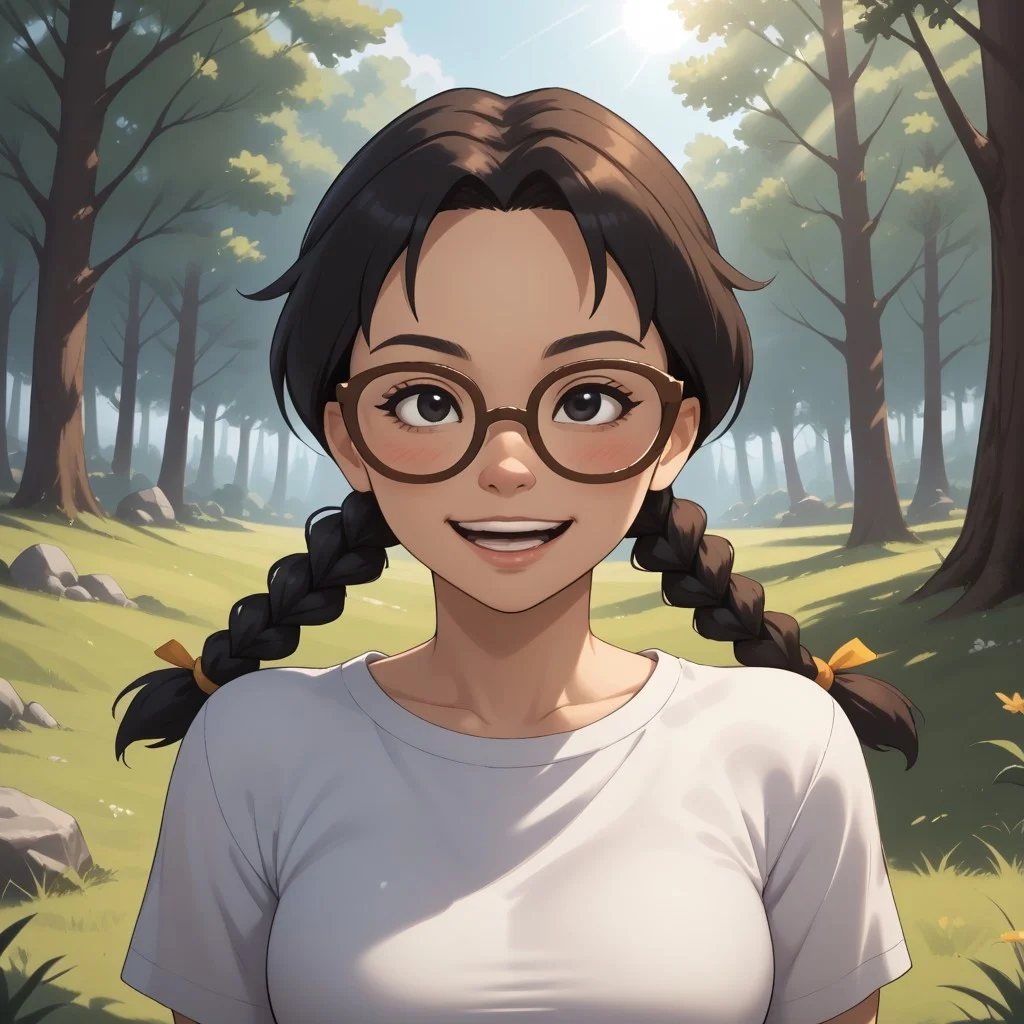 score_9, score_8, BREAK, solo, mii, wii, black eyes, brown glasses, small nose, half circle nose, big mouth, open mouth, teeth, mole under mouth, black hair, low braids, white clothing, black pants, shoes, blush, 1girl, female mii, cute, medium breasts, keiko_(\Wii_Sports\), wii Sports, Nintendo Mii, modern_mii, classic_mii, sexy pose, self portrait, smile, outdoors, sunlight, shadows, evening lighting, natural lighting, forest, trees, grass, orange sky, sunset