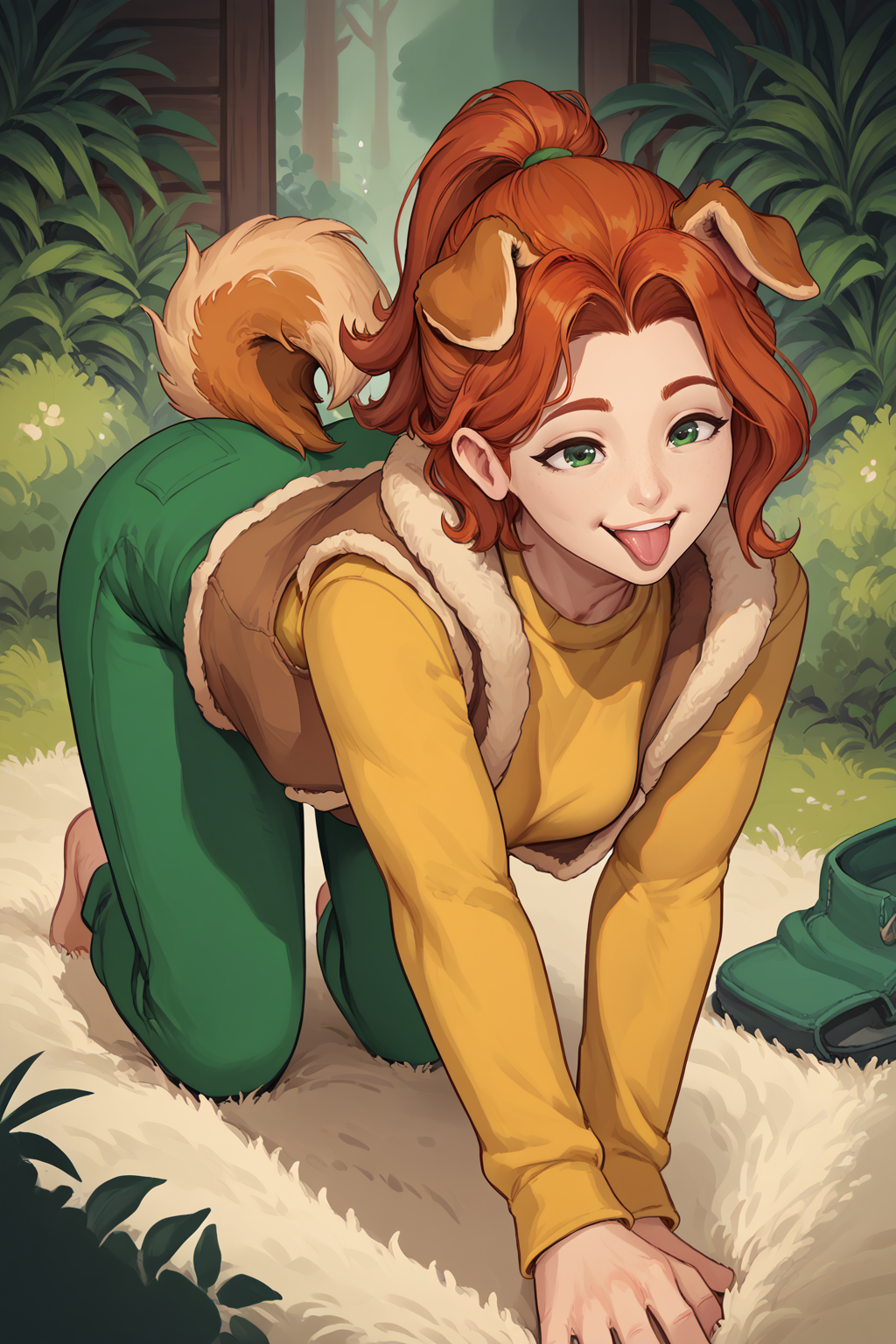 score_9, score_8_up, score_7_up, BREAK 1girl, solo, <lora:NSRobinStardew:1>  NSRobinStardew, ginger hair, ponytail, medium hair, green eyes, ponytail, yellow sweater, long sleeves, brown vest, fur trimmed vest, green pants, tongue out, floppy ears, all fours, dog tail, dog ears, happy, all fours,