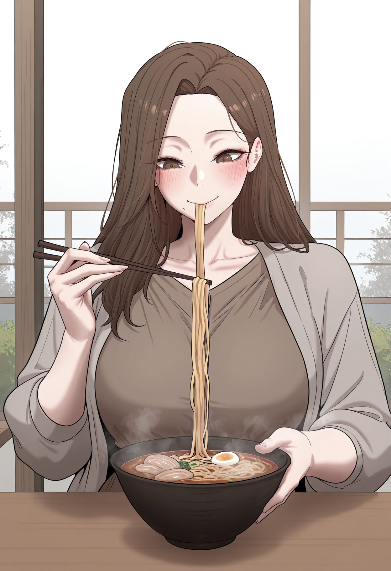 highres, best quality, masterpiece, outdoors,
flat colors,
1girl, solo, crypdahee, long hair, brown hair, brown eyes, mature female, curvy,
grey jacket, open jacket, brown dress,
blush, smile, 
sitting, eating, holding chopsticks, mouth hold,
korean fire noodles, steam, table,
<lora:_dahee_life_crypto-elesico-ilxlB-000014:1>