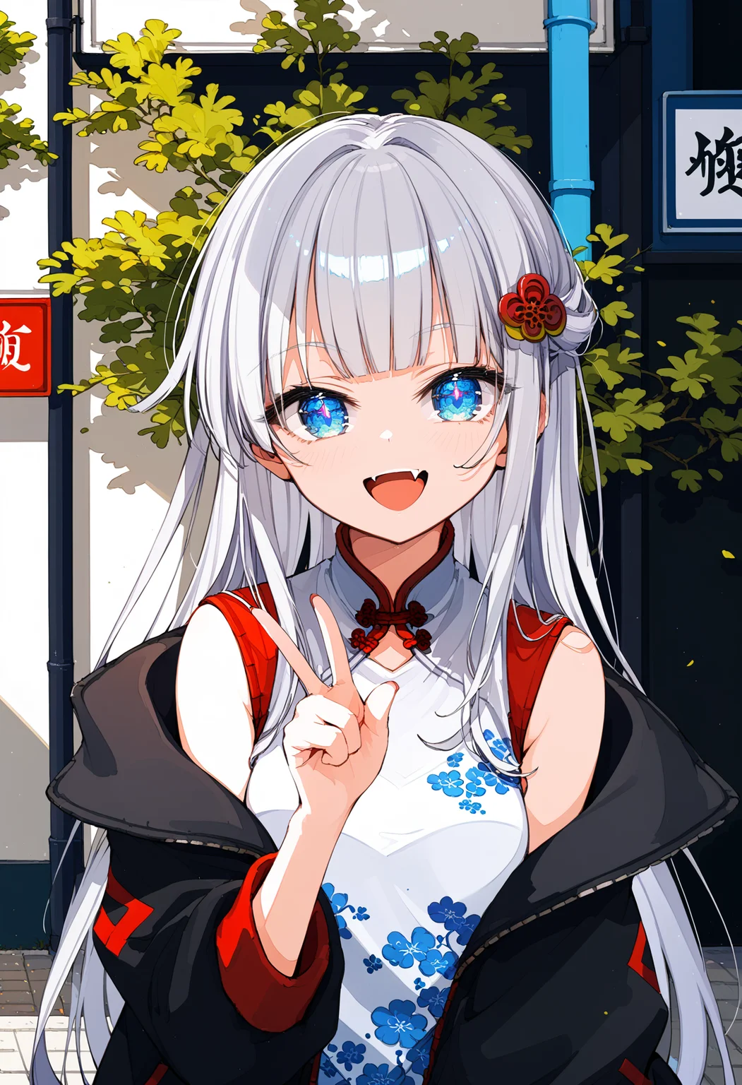 score_9, score_8_up, score_7_up,source_anime,rating_explicit,uncensored,anatomically correct,best perspective BREAK
osanai0804style<lora:osanai0804styleV1.5:1>
sunlight, outdoors, street,
1girl, solo, close-up, upper body, petite, upper teeth only, happy,
looking at viewer, silver hair, blunt bangs, long hair, hair ornament, chinese clothes,open jacket,
off shoulder, blue eyes, glowing eyes, fang, leaning forward, one hand over head, v over eye,