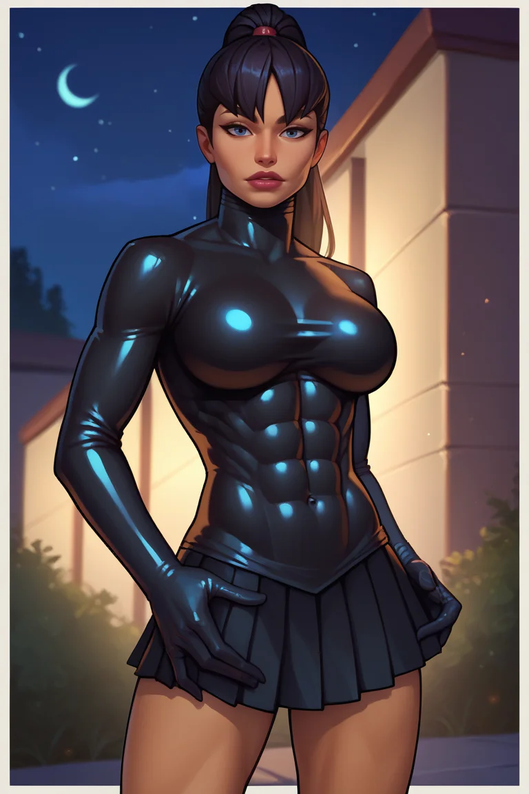 score_9, score_8_up, score_7_up, BREAK, 1girl, solo <lora:superwomanmb-guy-PONYv1:.85>, superwomanmb, dark skin, ponytail, lipstick, gloves, dress, short dress, abs, high ponytail, skin tight, latex, night sky, glowing, night, outdoors, <lora:warlockandboobs-guy-PONYv1:1>, black dress, pleated skirt, long sleeves, latex skirt, looking at viewer,