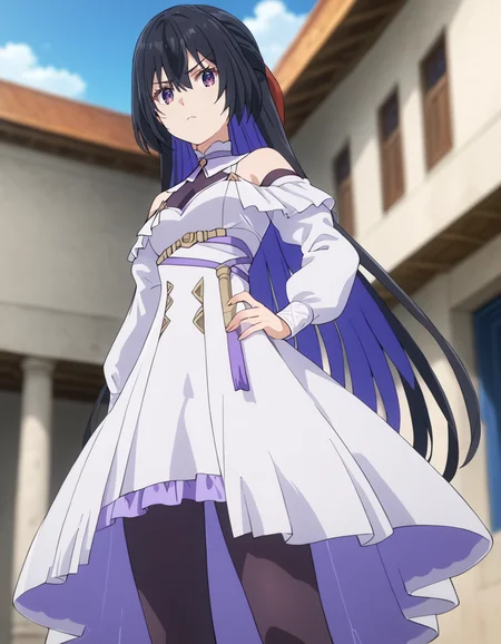 score_9, score_8_up, score_7_up, source_anime, BREAK
1girl, solo, looking at viewer, blurry background, sky, from below, serious expression, outdoors, pointing at viewer, hand on own hip, standing,
tinasha (unnamed memory), long hair, multicolored hair, black hair, purple hair, half updo, hair between eyes, hair bow, purple eyes,
white dress, off-shoulder dress, detached sleeves, puffy sleeves, frills, belt, black pantyhose, black high heels,
<lora:tinasha-unnamed_memory_s2-pxl-anime-soralz:1>