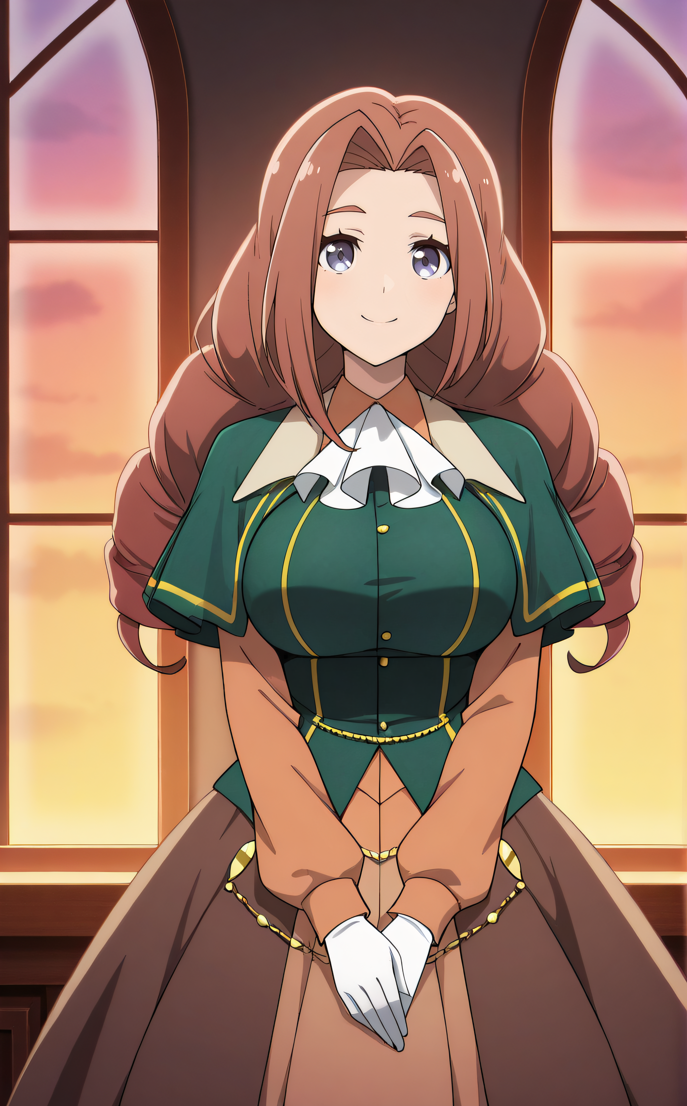 masterpiece, best quality, highres, newest, scenary, 1girl, solo, official style, <lora:IL_Sheila_Ibarss:1>, sheila, large breasts, dress, green jacket, orange sleeves, white gloves, layered skirt, brown skirt on sides, smile, indoor, looking at viewer, smile, own hands together, cowboy shot, window behind, sunset