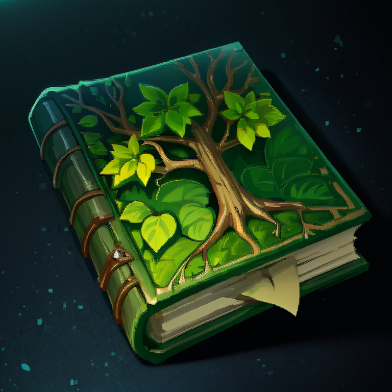 ((masterpiece,best quality)), absurdres, <lora:FantasyIcons_Books:0.8>, green book, glowing, nature, tree symbol, leaves, ivy
