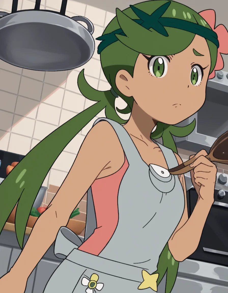 score_9, score_8_up, score_7_up, source_anime, <lora:pokemon-mallow-anime-ponyxl-lora-nochekaiser:1>, mallow, long hair, bangs, hair ornament, twintails, green eyes, flower, green hair, hair flower, dark skin, dark-skinned female, swept bangs, mallow (pokemon), collarbone, sleeveless, pink shirt, overalls,, kitchen, cooking, apron, cutting vegetables, home cooking, , looking at viewer, arm across chest, knee forward, hand clenched, solo,, cowboy shot, dutch angle