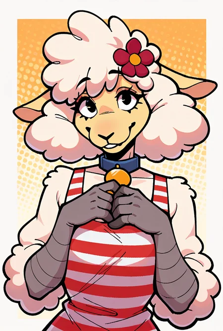 <lora:shawf-10:1> shawf, 1girl, solo, white hair, furry female, smile, hair ornament, animal ears, hair flower, sheep girl, neck bell, Red striped dress, grey hands,, masterpiece, best quality, amazing quality, very aesthetic, absurdres, newest,, upper body, halftone effect, white borders, abstract background:1.2,