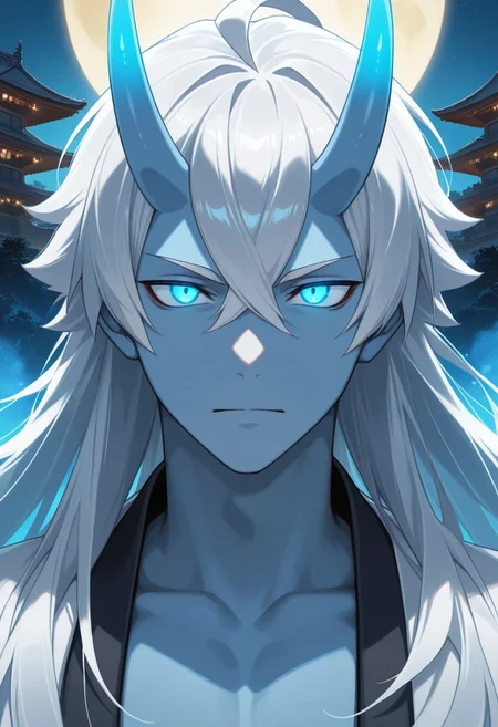 1boy, Hikigaya Hachiman //(Oregairu//) solo, male focus, masterpiece, best quality, black and blue montsuki, japan architecture, white hair, long hair, blue eyes, glowing eyes, oni, blue oni horns, light icy blue skin, smooth anime boy, portrait, fine detail, great composition, dynamic light, atmosphere, vivid colors, detailed, cinematic, strong background, aesthetic, very inspirational, glowing, rich deep color, clear excellent