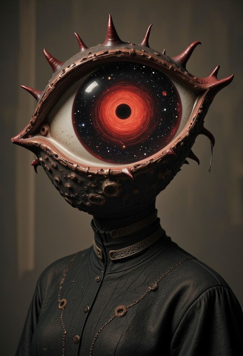 Planet-head, planethead – A mystical, medieval analog photograph captures a figure in an ancient robe with a high collar, exuding an alluring, all-knowing feminine aura. Instead of a head, an all-powerful, all-knowing galaxy-eye emerges from the collar—a colossal eye that seems to contain the very cosmos within it. The iris swirls with deep hues of vibrant dark-red, and deep black, while faint stardust trails spin around its edge. The eye glows faintly from within, pulsating with the light of distant galaxies, radiating mystery and omniscient wisdom. The figure feels timeless and otherworldly, drawing the viewer in with its hypnotic and infinite gaze.