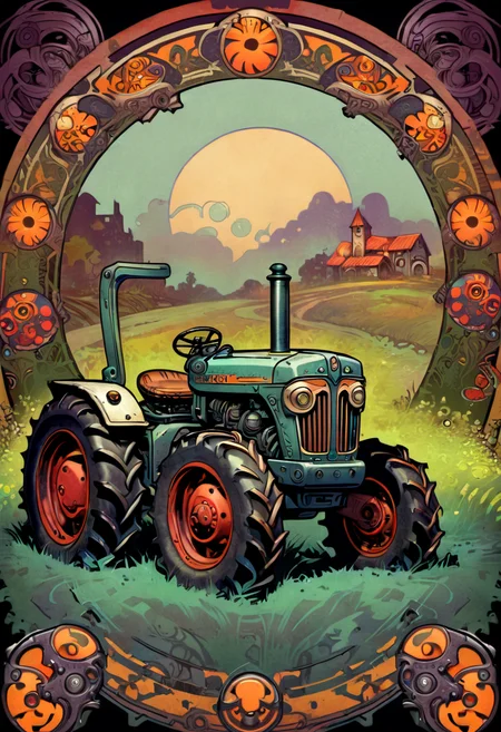 ccxl-mucha, art style, tractor, Psychedelic art drdjns style, comic book artwork in dgst artstyle  <lora:ccxl-mucha_lora_vA1:0.75> <lora:drdjns:0.75>  <lora:SDXL1.0_Essenz-series-by-AI_Characters_Style_DarkestDungeonChrisBourassa-v1.1:0.95>