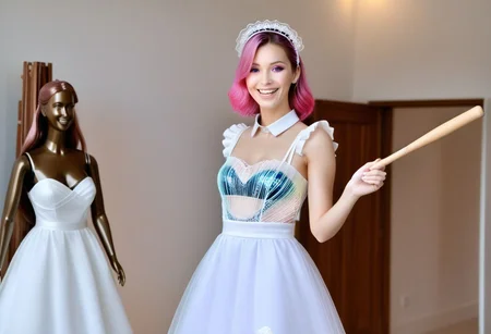 w0gf1l, 
wedding dress (made of tiny neon glass filaments:1.2), wedding dress on a mannequin, 
bridal store, 
BREAK 
1girl, looking at wedding dress on mannequin, happy, wide smile, giggly, 
CivChan, purple eyes, pink hair, 
traditional maid uniform, standing looking sweet, coy, holding a wooden baseball bat over her shoulder, smiling sweetly,