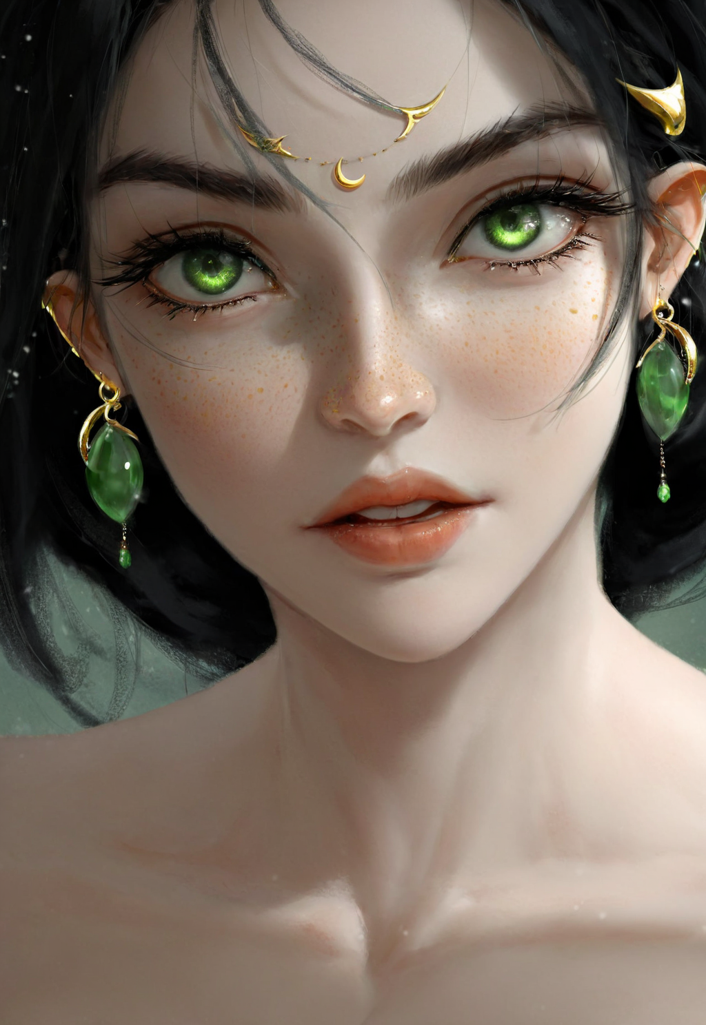 wlop,<lora:wlop_mobei-000001:1>,a close-up portrait of a female character. She has striking green eyes and is adorned with gold jewelry, including a crescent-shaped headpiece and a pair of green earrings. The character has freckles on her face and her lips are slightly parted. Her black hair is styled in a loose manner, with some strands falling across her face. The background is blurred, giving prominence to the character, and there are subtle snowflakes scattered throughout. The depth of field is shallow, emphasizing the character while blurring the background.