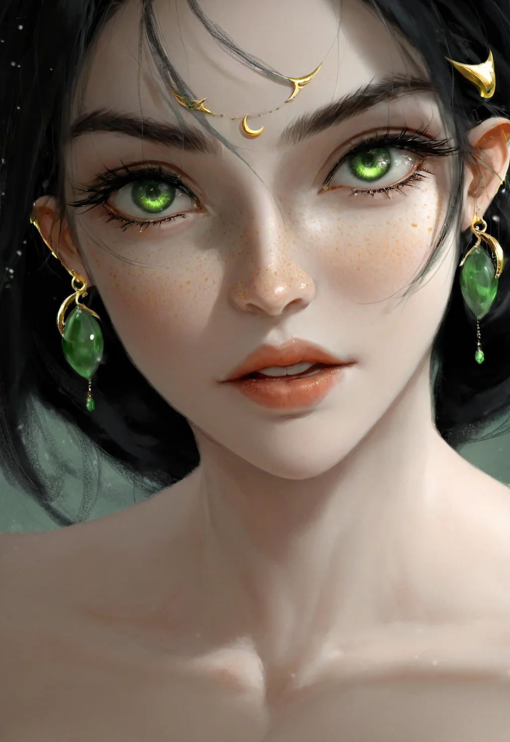 wlop,<lora:wlop_mobei-000001:1>,a close-up portrait of a female character. She has striking green eyes and is adorned with gold jewelry, including a crescent-shaped headpiece and a pair of green earrings. The character has freckles on her face and her lips are slightly parted. Her black hair is styled in a loose manner, with some strands falling across her face. The background is blurred, giving prominence to the character, and there are subtle snowflakes scattered throughout. The depth of field is shallow, emphasizing the character while blurring the background.
