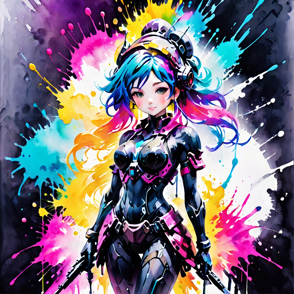 a cute girl composed of colorful splashing ink wearing warframe with machine arms,cyberpunk,upper body,
ink splashing,<lora:ink_splashing:0.75>,