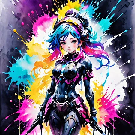 a cute girl composed of colorful splashing ink wearing warframe with machine arms,cyberpunk,upper body,
ink splashing,<lora:ink_splashing:0.75>,