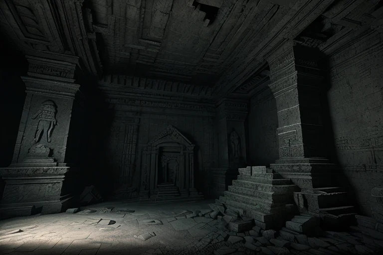 dark cave with a maya sculpture, style_tombraider