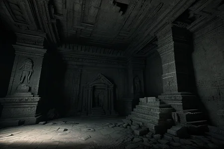 dark cave with a maya sculpture, style_tombraider