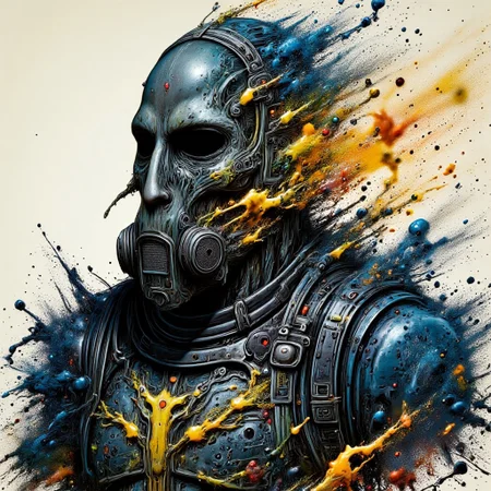 Zombie soldier wearing a biohazard gas mask, black and gold filigree, navy and gold vapor swirls, details in details