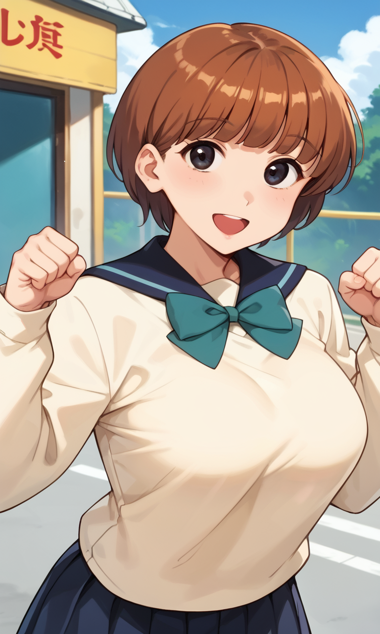 (1girl:1.5), (solo:1.3), (score_9, score_8_up, score_7_up, score_6_up, score_5_up, score_4_up), (source_anime), rating_questionable, looking at viewer, (upper body:1.3), outdoors, blue sky, 
 (yellow sweater, oversized clothes, long sleeves, blue sailor collar, green bowtie, blue skirt, pleated skirt, miniskirt, white socks, black footwear), (large breasts), <lora:mari-friend-mika_v1:0.9> (mari-friend-mika), (black eyes, brown hair, short hair, blunt bangs), (smile, happy, open mouth, wide mouth),
clenched hands, hands up, bent over,