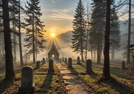 asterpiece, best quality, ultra-detailed, depth of field, intricate details, highres,
sunrise, mist, fog, forest, mountain, old abandoned graveyard