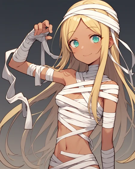 score_9, score_8_up, score_7_up, source_anime,
<lora:LaylaCinderella:0.8>, LaylaCinderella, blonde_hair, aqua_eyes, dark_skin, dark-skinned_female, long_hair, small_breasts, skinny, smile, bandages, mummy_costume,